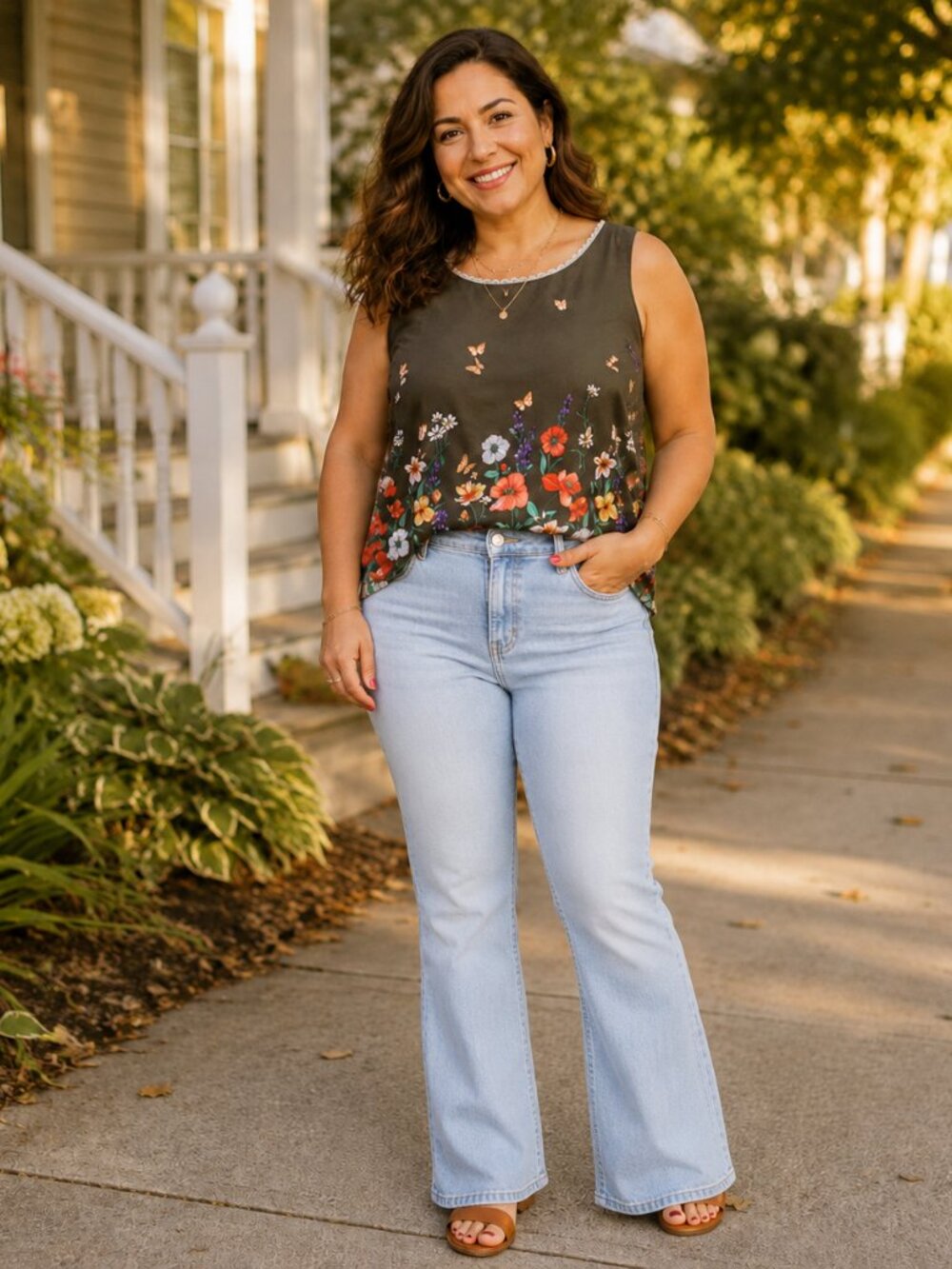NWT Floral Pompom Detail Neckline Sleeveless Top